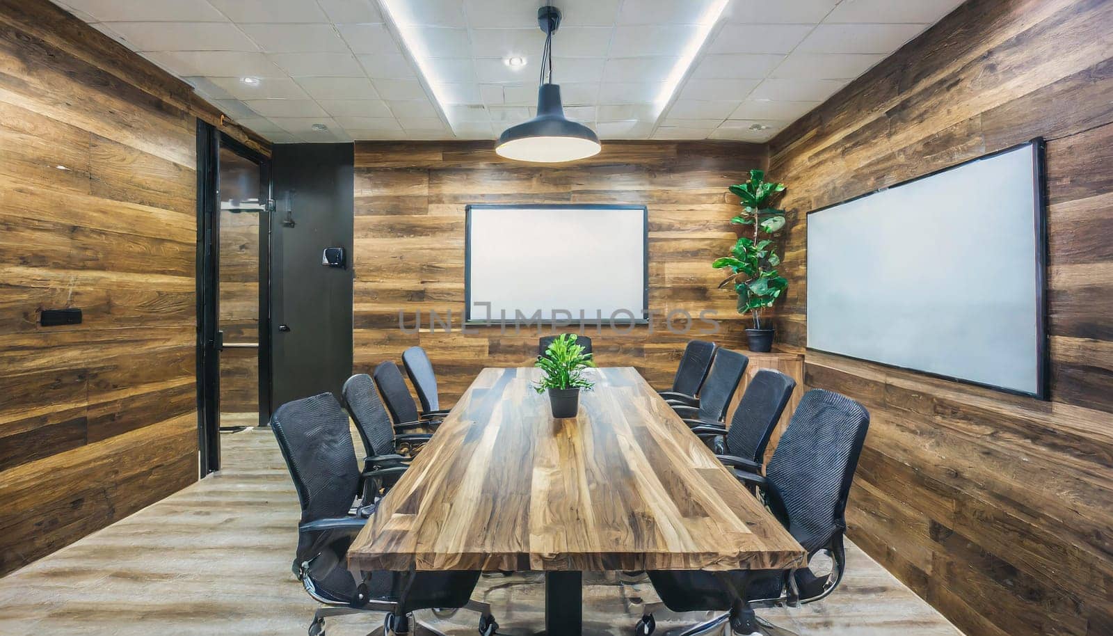 Modern wooden meeting room with billboard