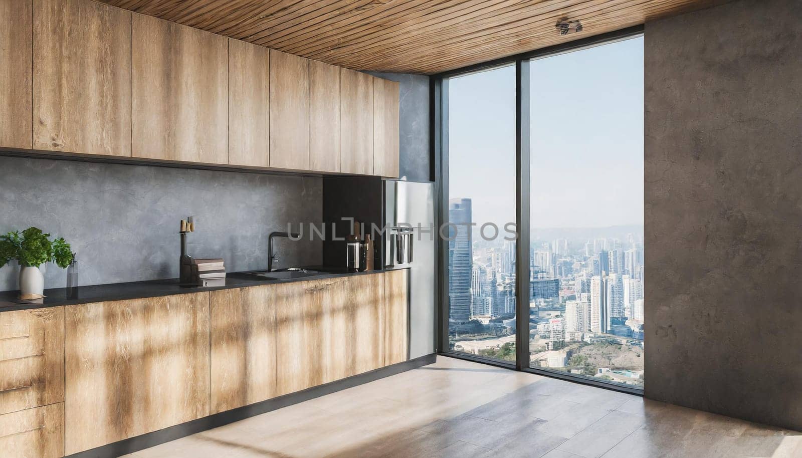 Luxurious white kitchen and living room in a big house,Modern wood and concrete kitchen interior with empty mock up place on wall, island, appliances and window with city view and daylight