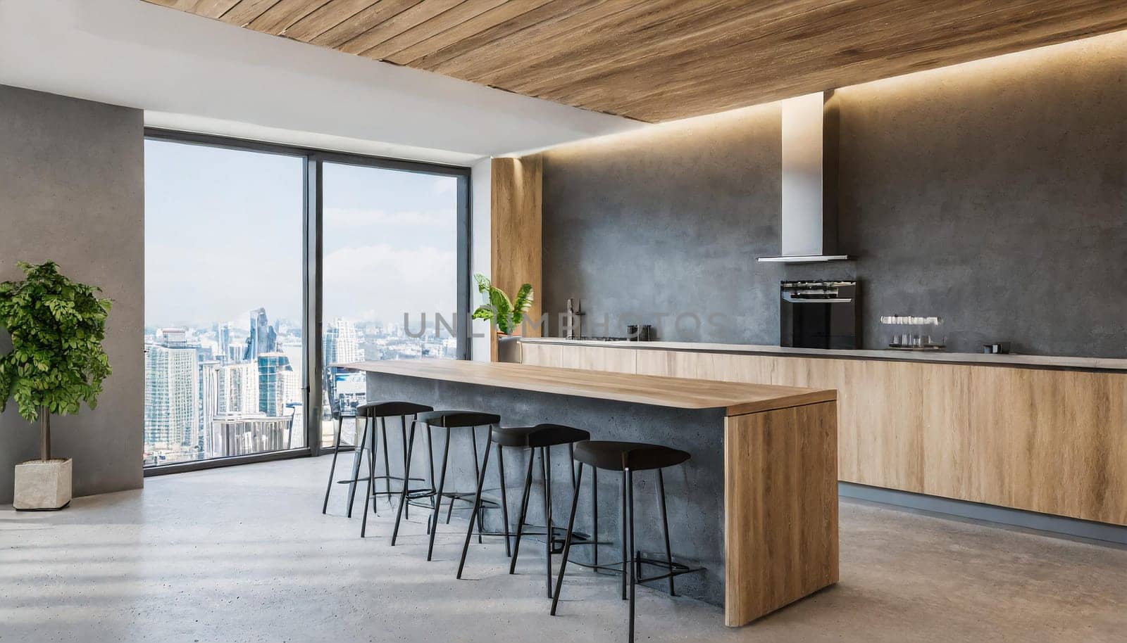 Luxurious white kitchen and living room in a big house,Modern wood and concrete kitchen interior with empty mock up place on wall, island, appliances and window with city view and daylight