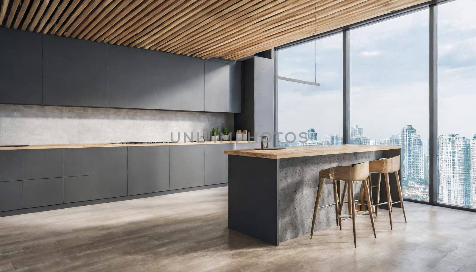 Luxurious white kitchen and living room in a big house,Modern wood and concrete kitchen interior with empty mock up place on wall, island, appliances and window with city view and daylight