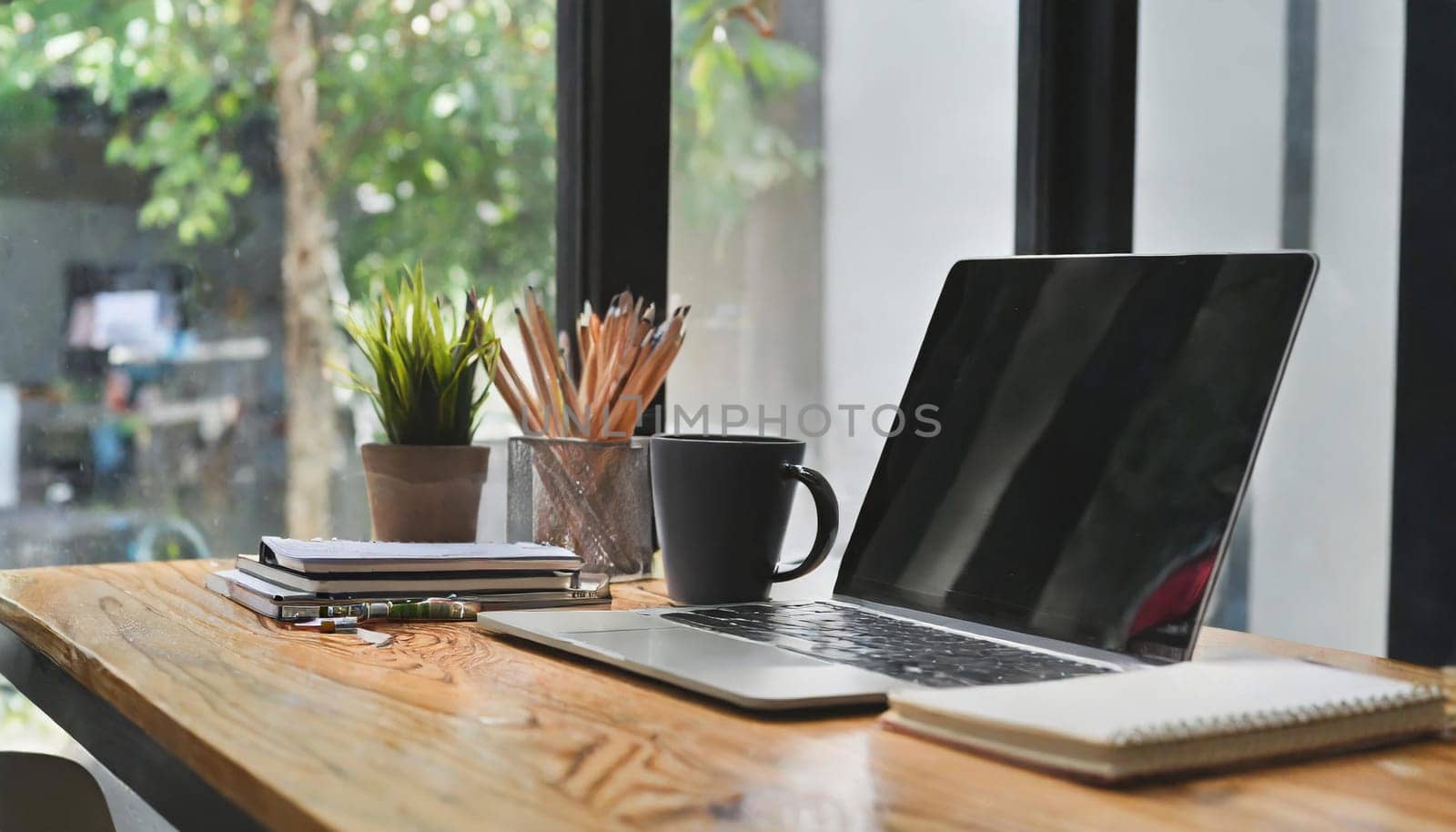 Modern workplace with laptop computer, coffee cup and office supplies