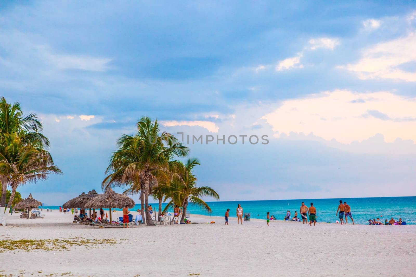 Miami, USA - July 30, 2010: people have fun at scenic beach with palm tree in Miami, USA