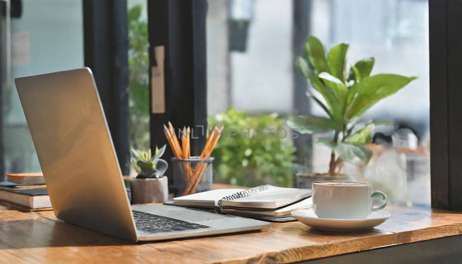 Modern workplace with laptop computer, coffee cup and office supplies