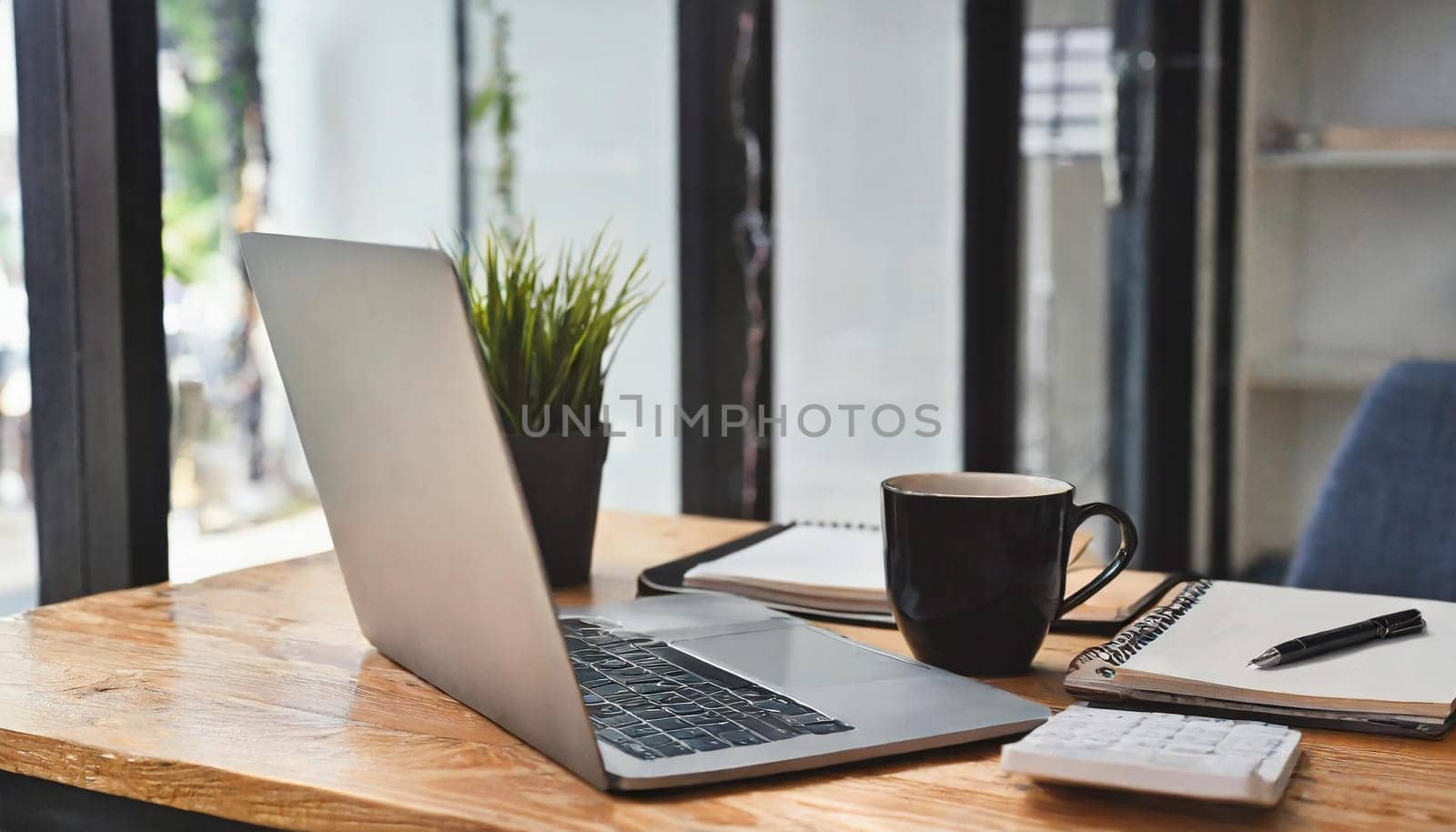 Modern workplace with laptop computer, coffee cup and office supplies