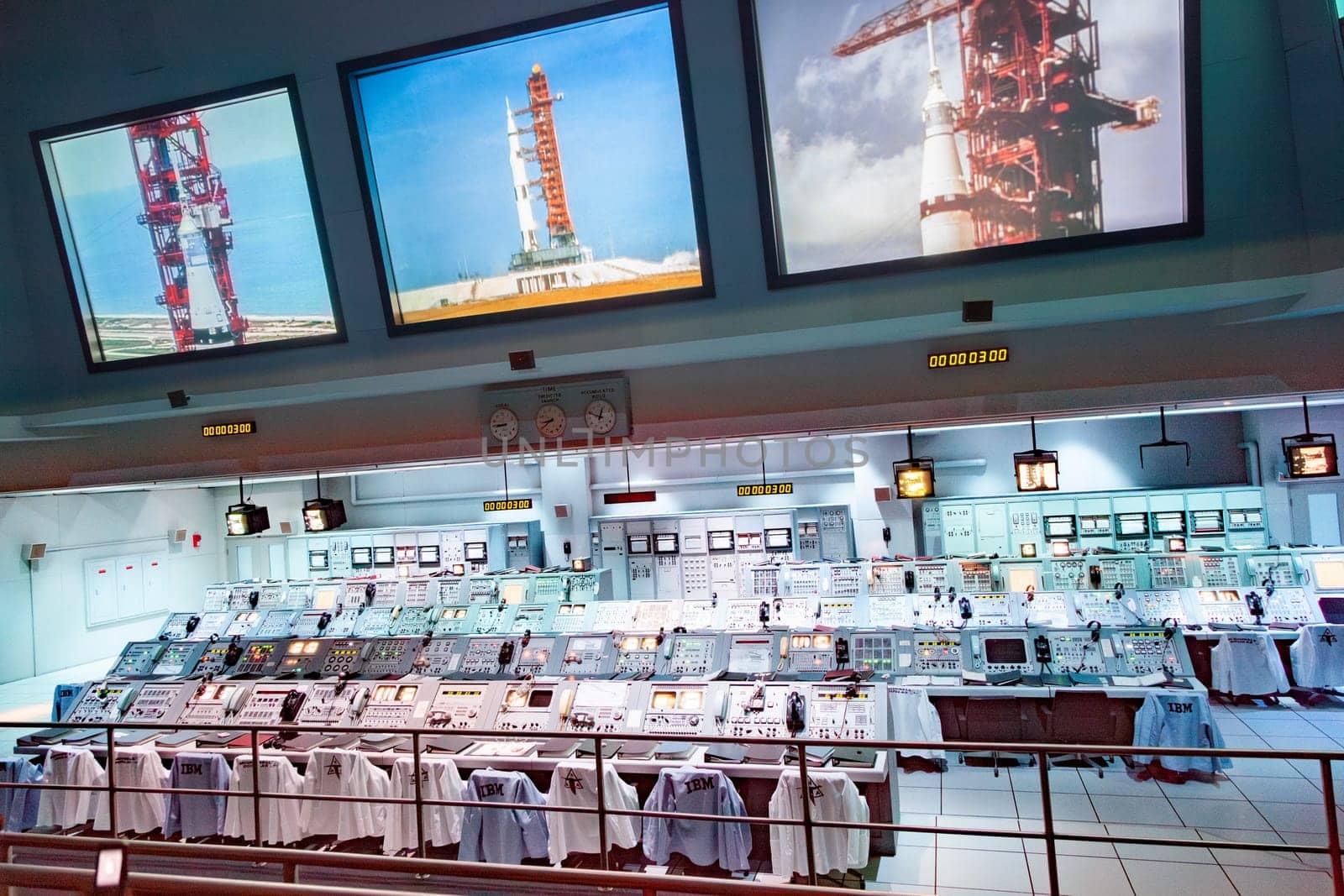 Orlando, USA - July 25, 2010: Apollo 1960s mission control equipment on display in Kennedy Space Center, USA