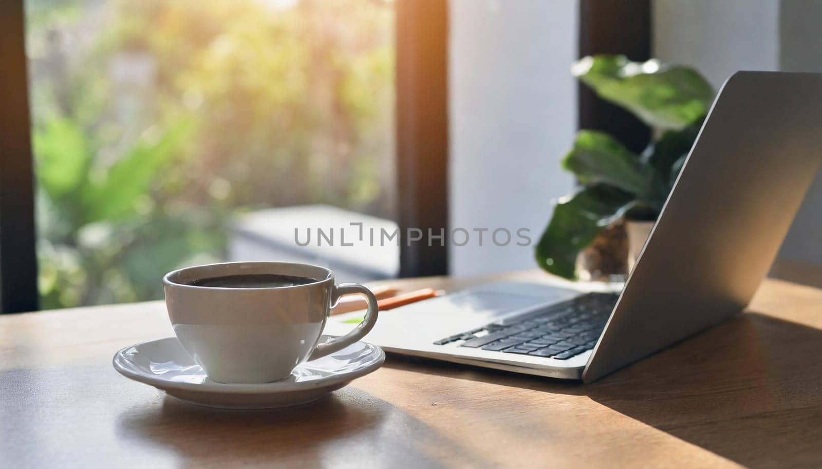 Modern workplace with laptop computer, coffee cup and office supplies