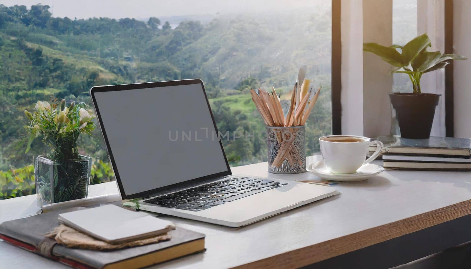 Modern workplace with laptop computer, coffee cup and office supplies