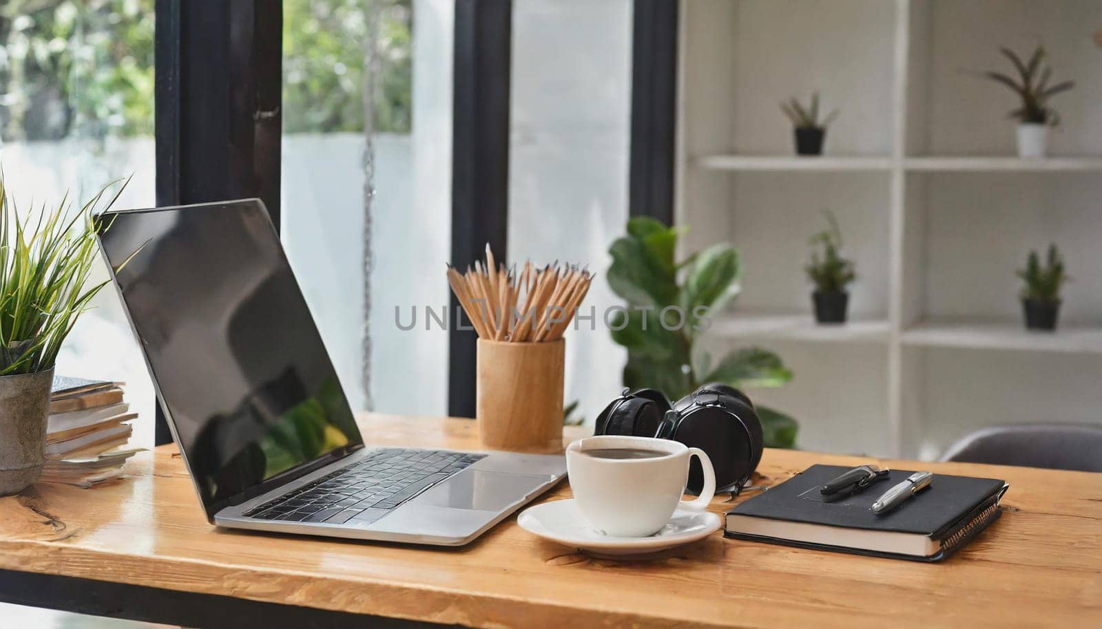 Modern workplace with laptop computer, coffee cup and office supplies