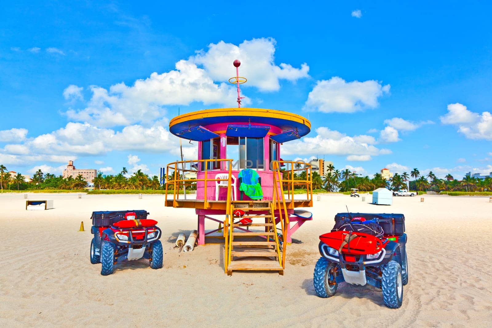 Miami, USA - July 31, 2010: wooden colorful beach watch hut at the beautiful white beach