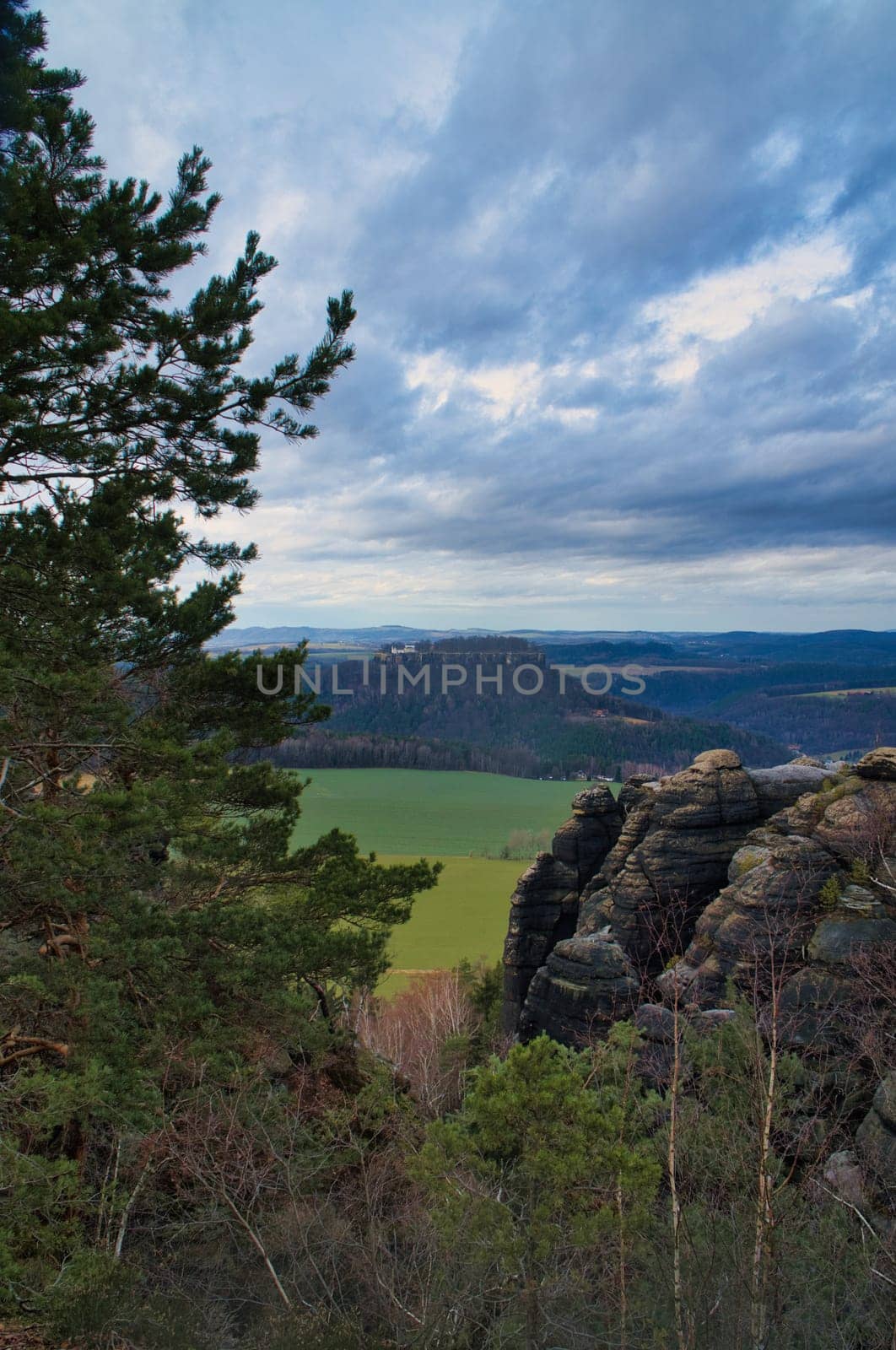 View from the Pfaffenstein. Forests, mountains, vastness, panorama. Landscape from the Elbe Sandstone Mountains.