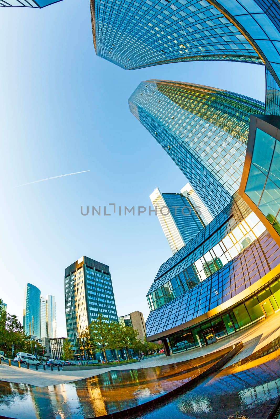 Frankfurt, Germany - October 1, 2011: perspective of skyscrapers in Frankfurt under blue sky