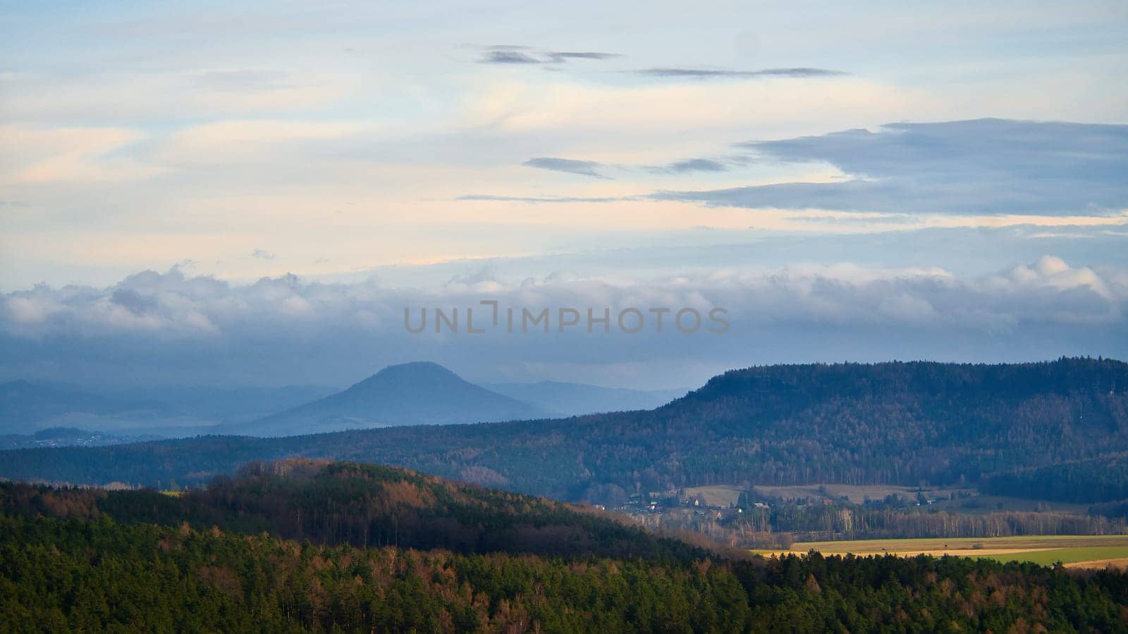 View from the Pfaffenstein. Forests, mountains, vastness, panorama. Landscape from the Elbe Sandstone Mountains.