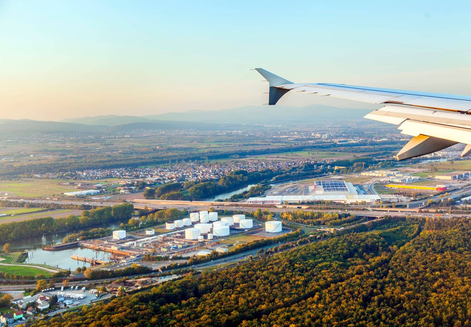 Raunheim, Germany - September 29, 2014: approaching Frankfurt airport with view to the oil station with big tanks in Raunheim, Germany.