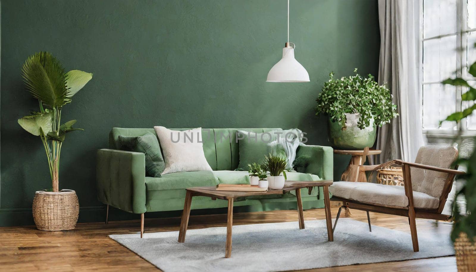 Modern scanidnavian interior mock up in green , 3d Rendering