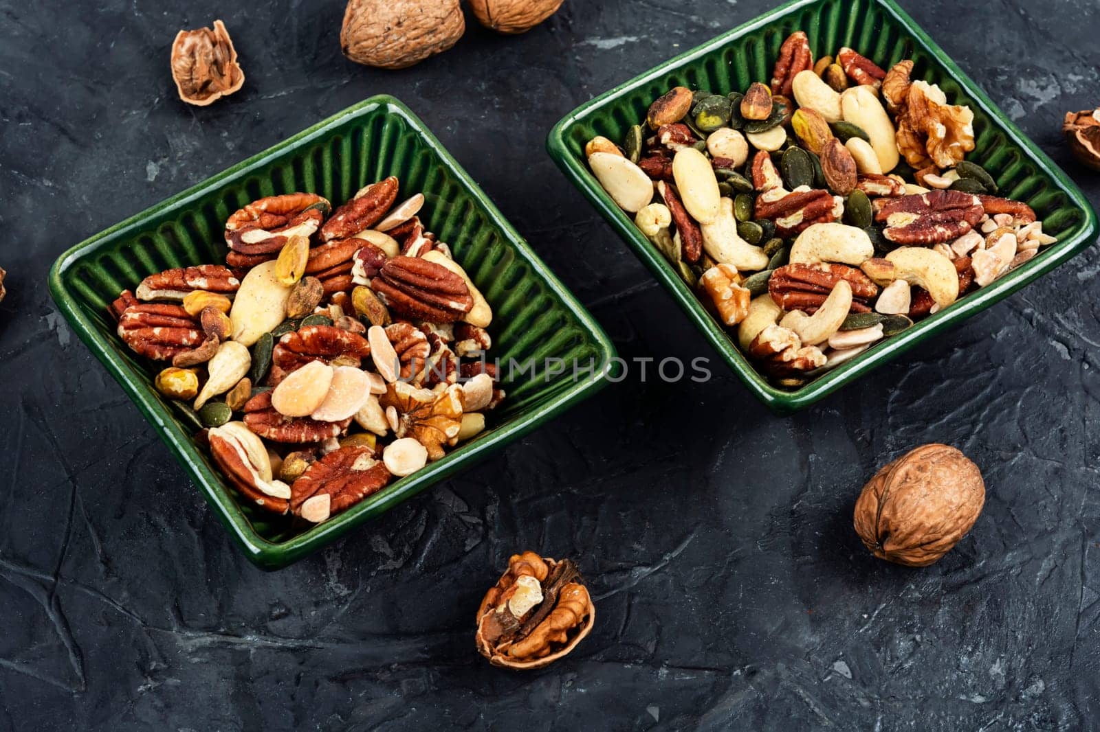 Mix of various nuts. Vegetarian food concept. Top view
