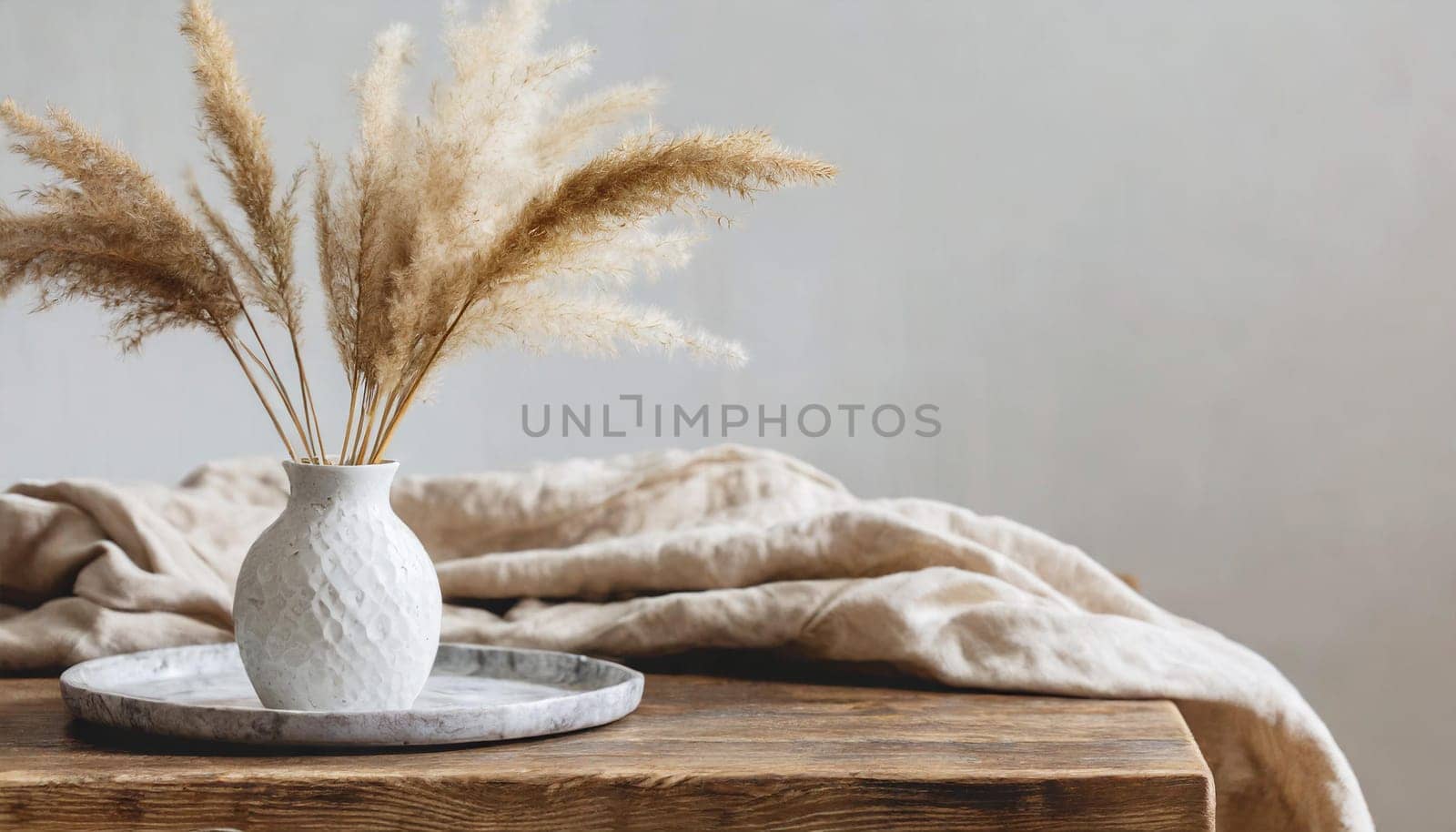 modern white ceramic vase with dry lagurus ovatus grass and marble tray on vintage wooden bench table blurred beige linen blanket in front scandinavian interior empty white wall copy space