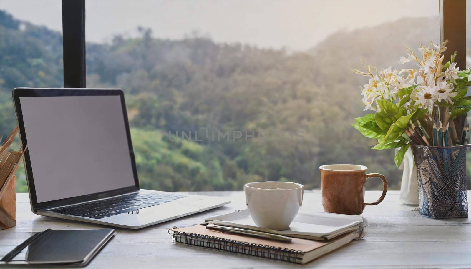 Modern workplace with laptop computer, coffee cup and office supplies