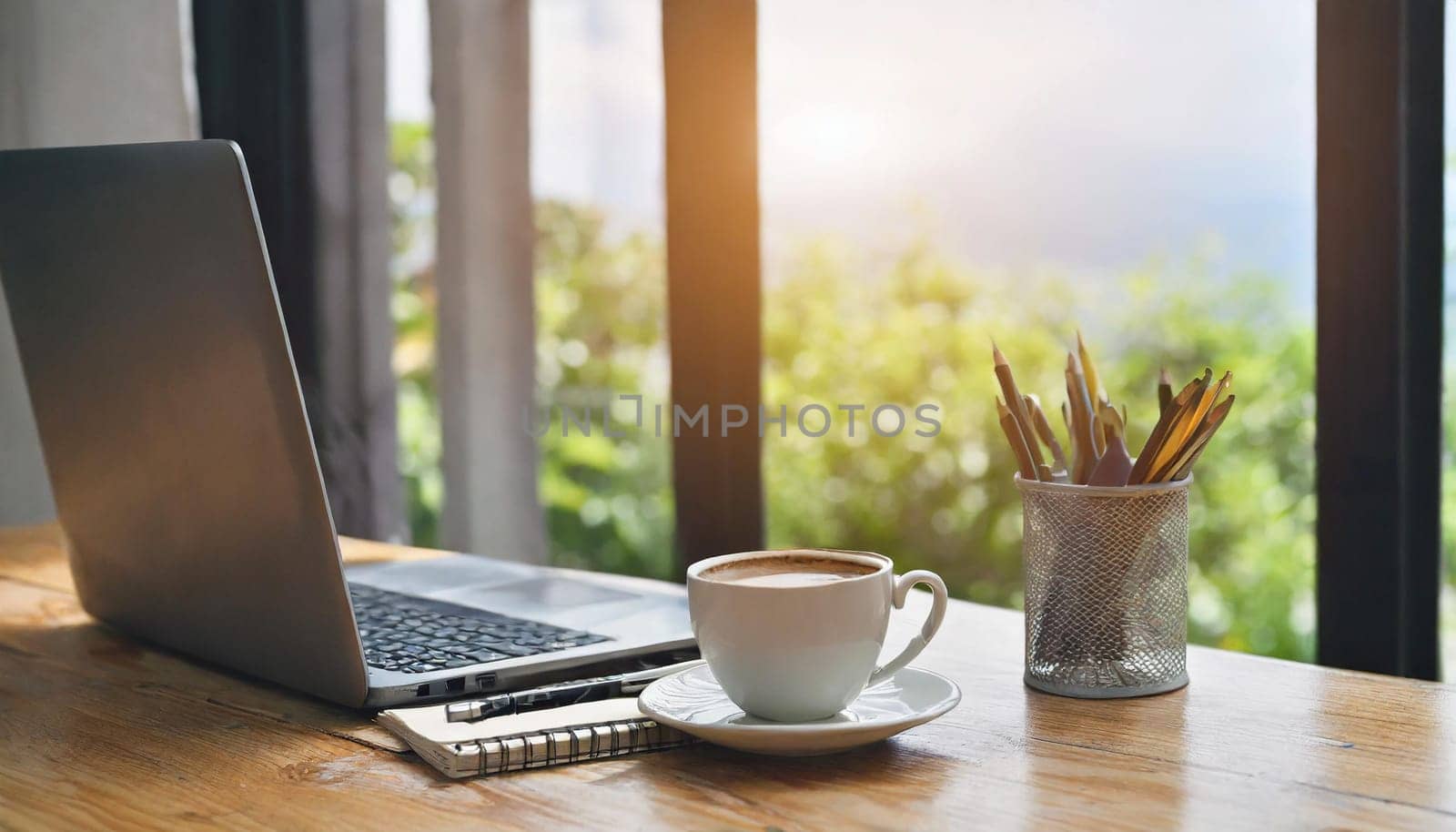 Modern workplace with laptop computer, coffee cup and office supplies