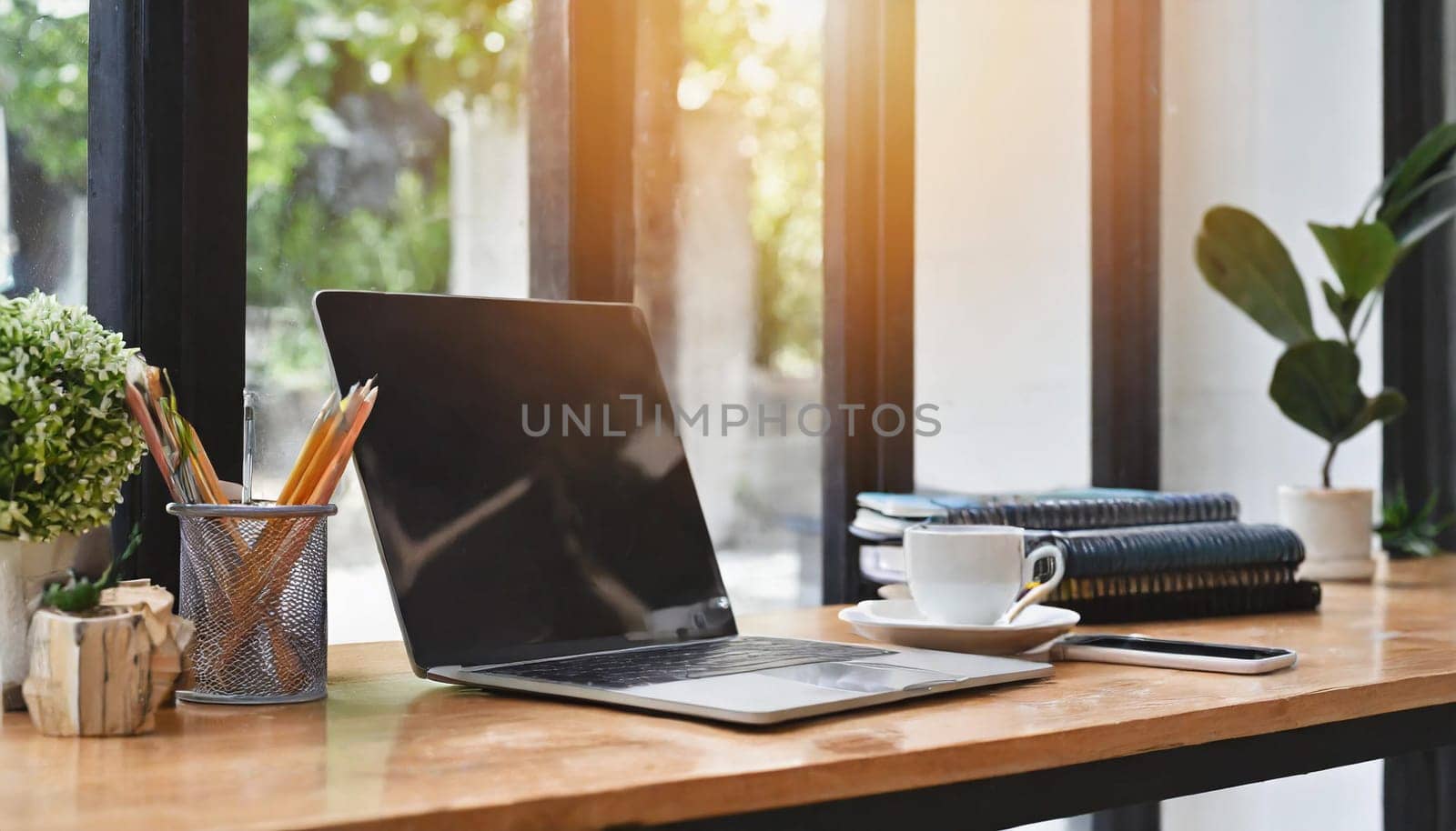 Modern workplace with laptop computer, coffee cup and office supplies