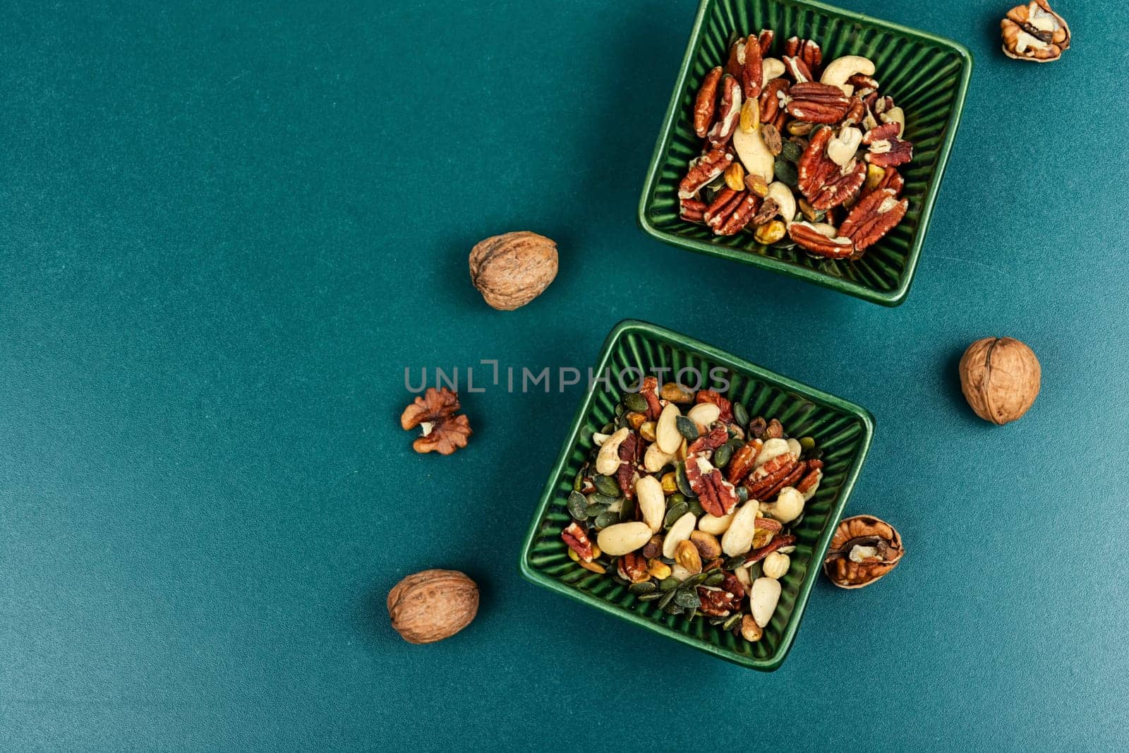 Mix of various nuts. Vegetarian food concept. Top view