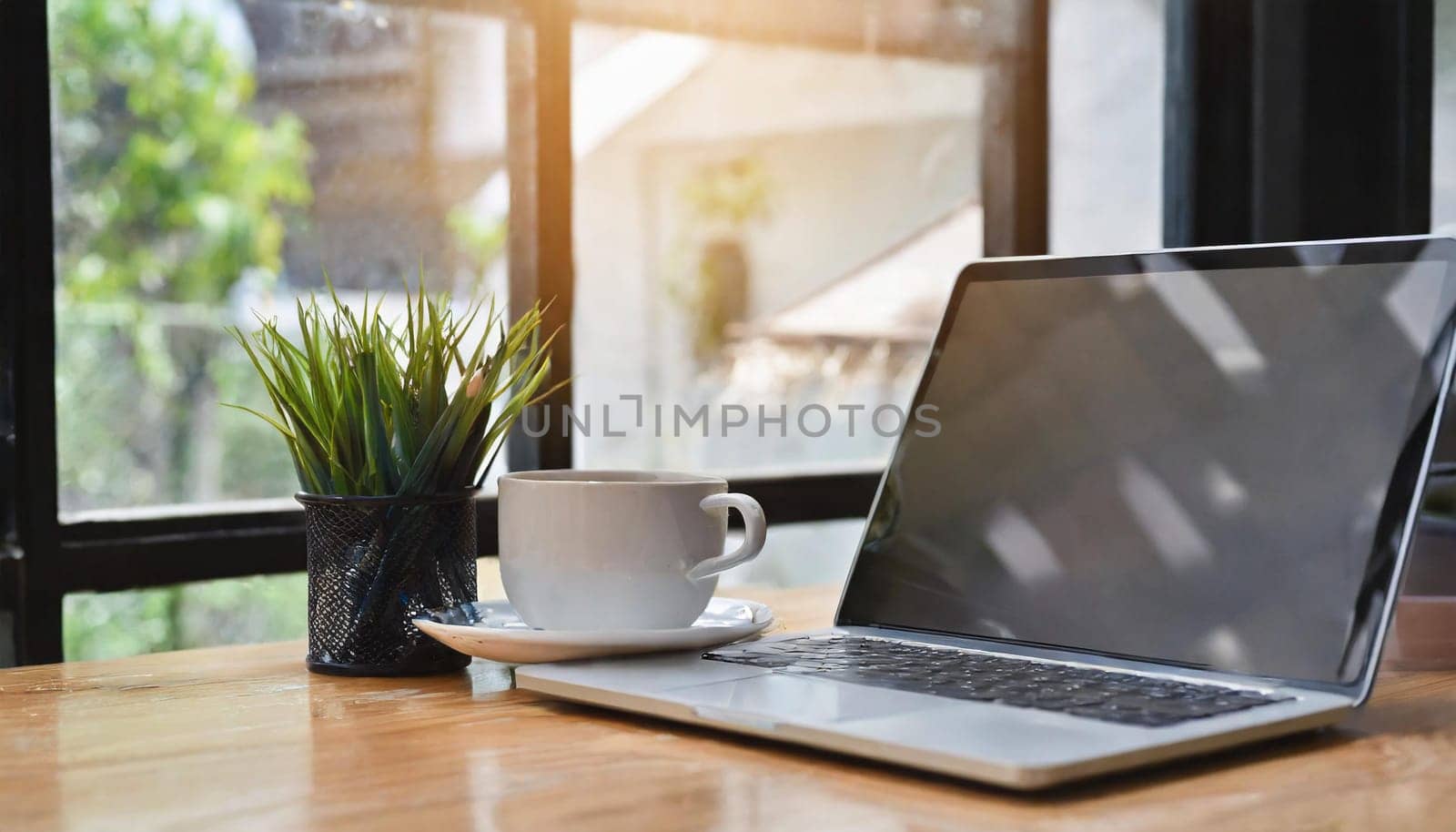 Modern workplace with laptop computer, coffee cup and office supplies