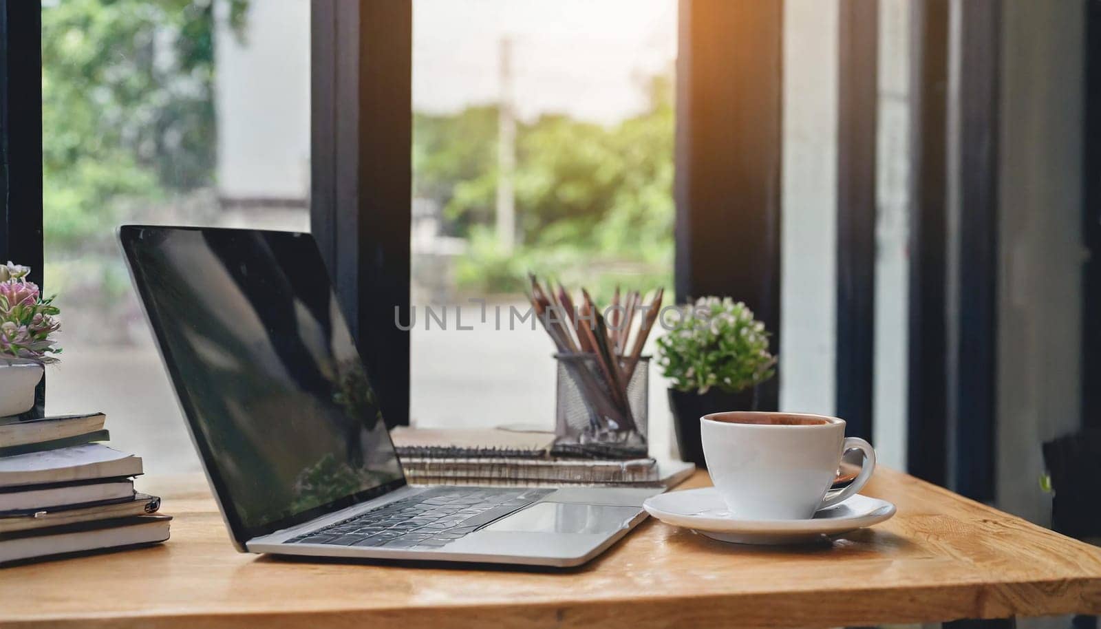 Modern workplace with laptop computer, coffee cup and office supplies