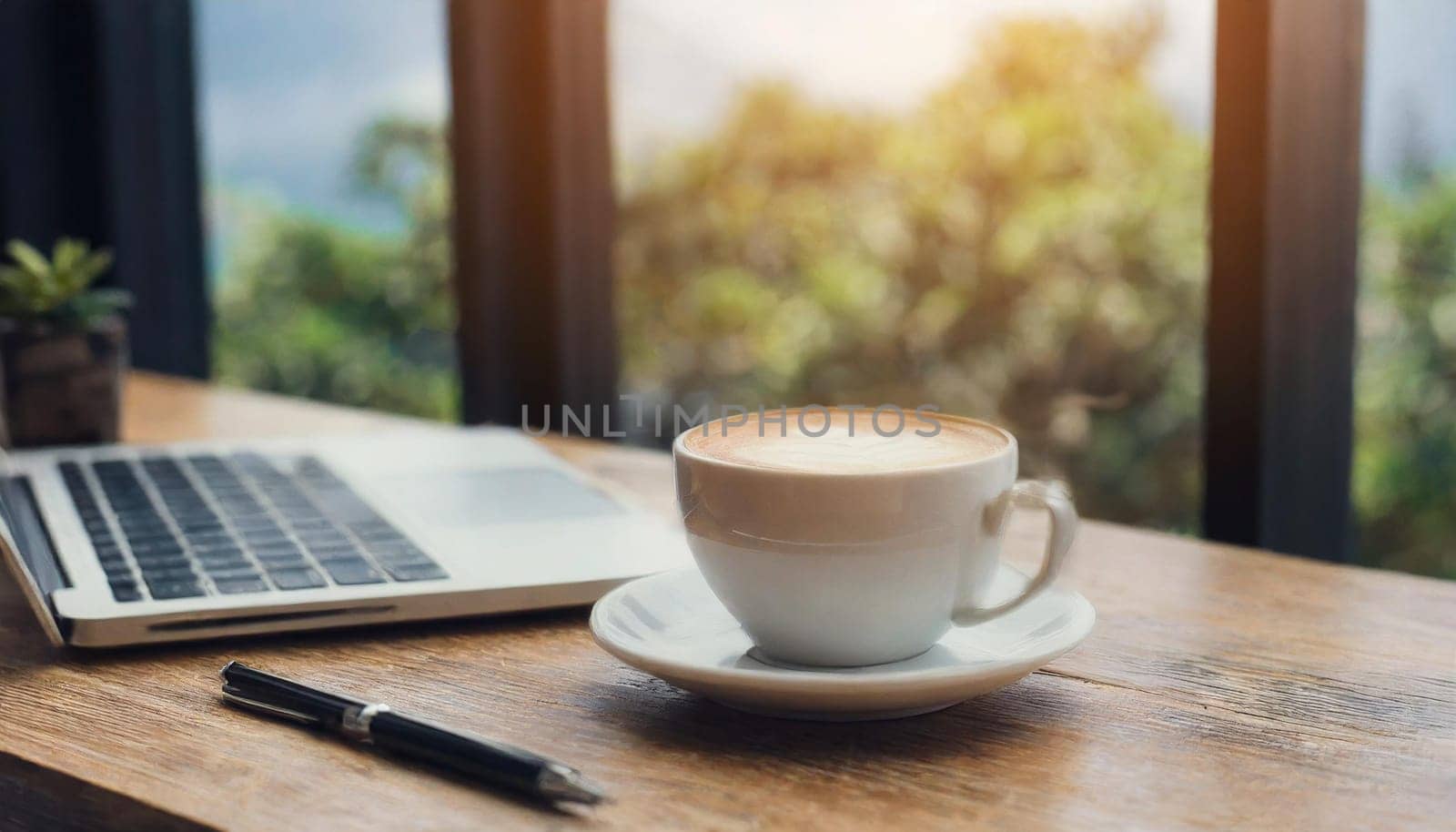 Modern workplace with laptop computer, coffee cup and office supplies
