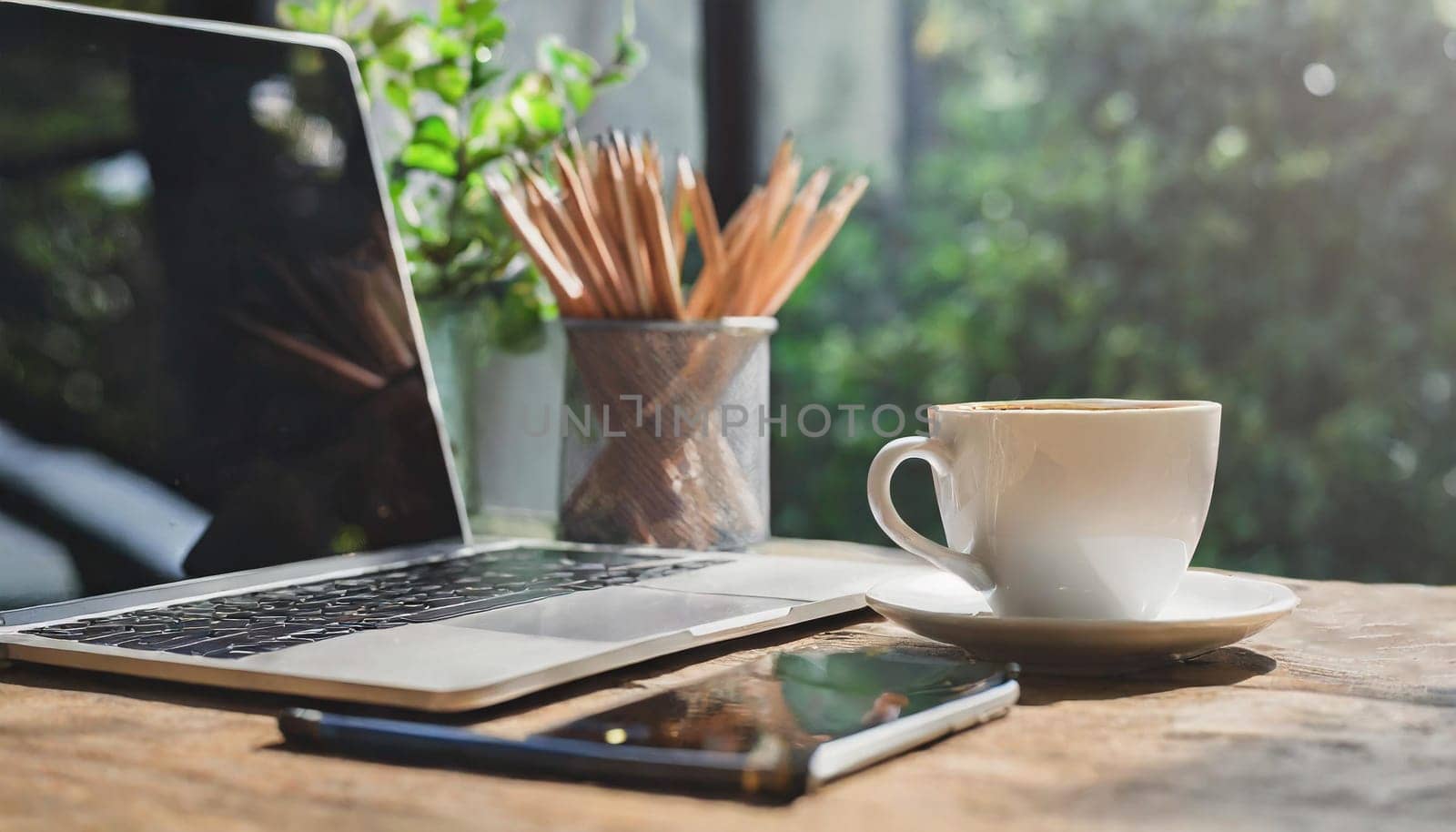 Modern workplace with laptop computer, coffee cup and office supplies