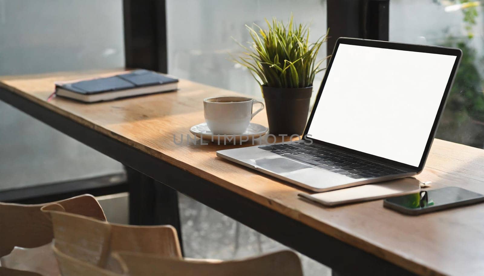 Modern workplace with laptop computer, coffee cup and office supplies