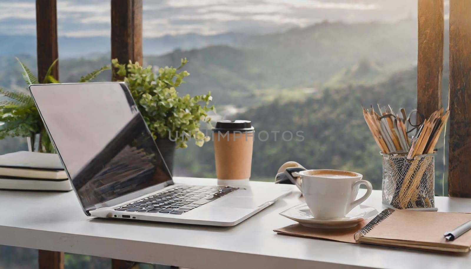 Modern workplace with laptop computer, coffee cup and office supplies