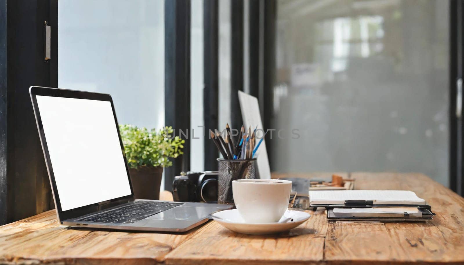 Wood office desk table with a lot of things tablet, laptop ,smartphone ,notepad and coffee cup notepad .copy space virtual interface icons screen.