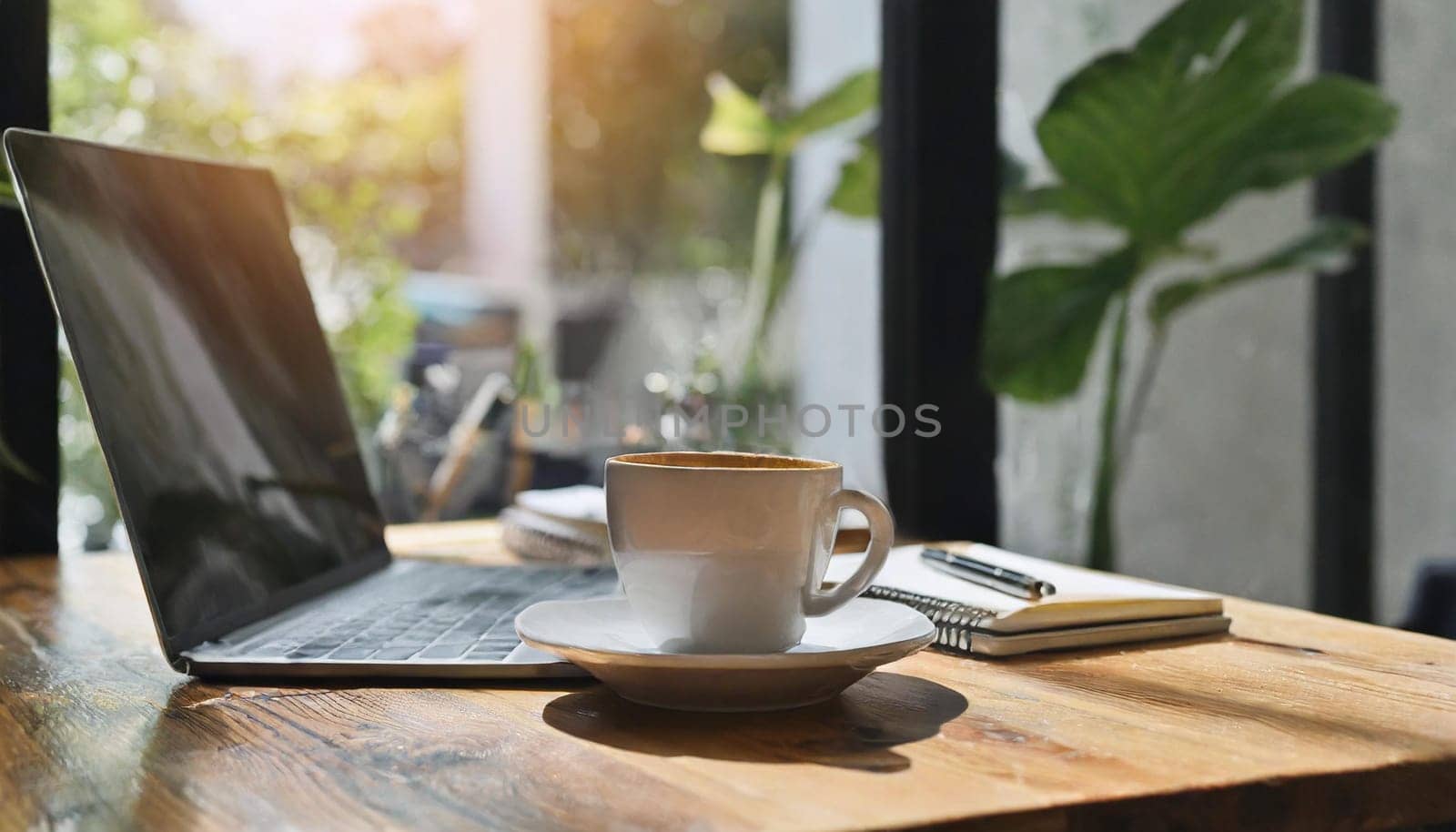 Wood office desk table with a lot of things tablet, laptop ,smartphone ,notepad and coffee cup notepad .copy space virtual interface icons screen.