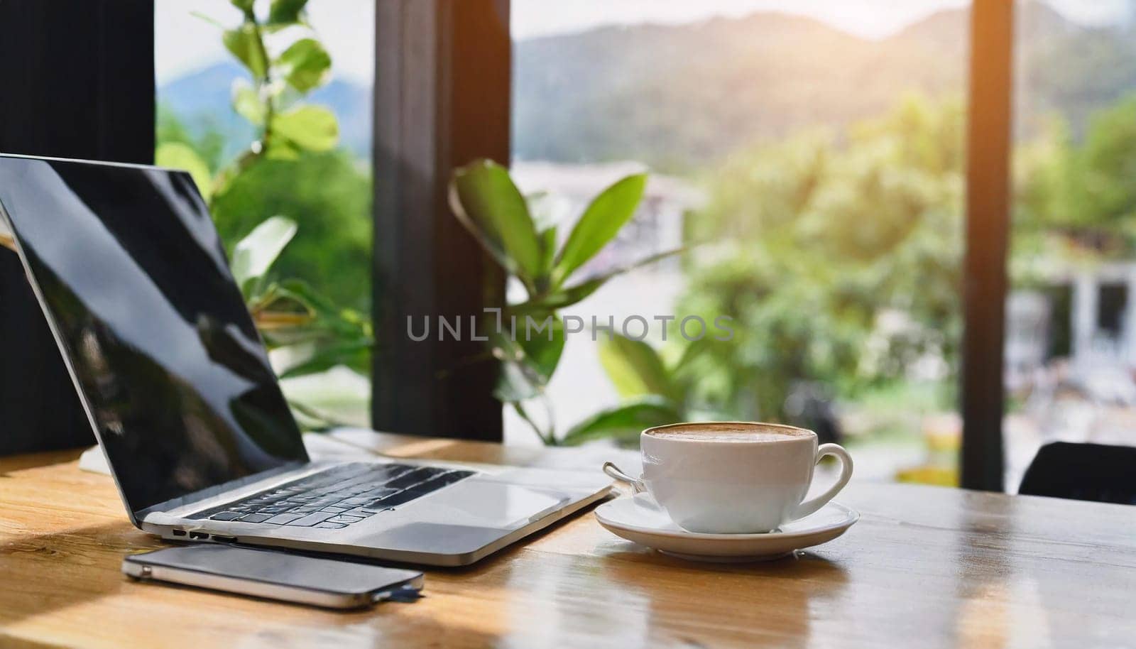 Wood office desk table with a lot of things tablet, laptop ,smartphone ,notepad and coffee cup notepad .copy space virtual interface icons screen.