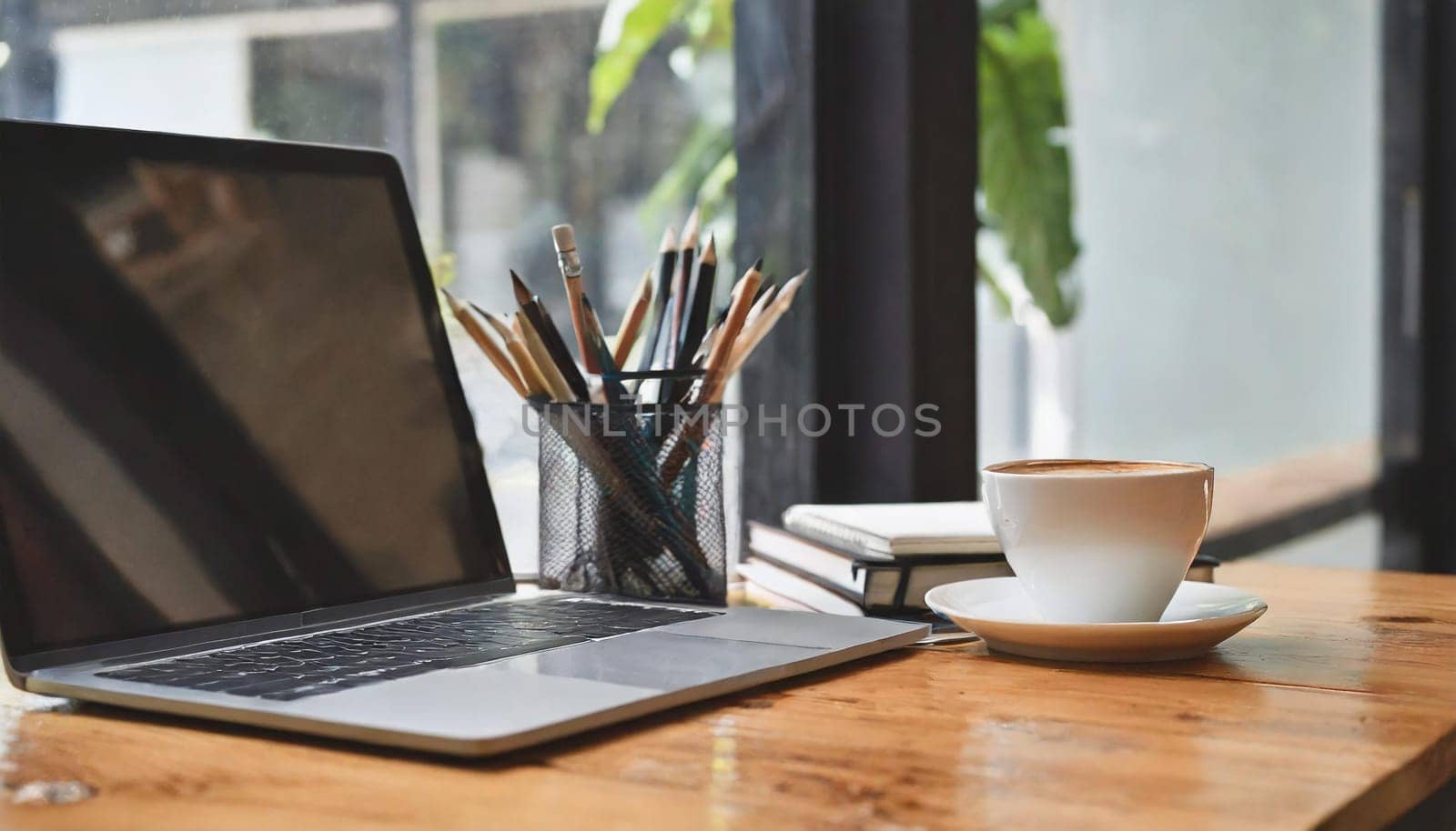 Wood office desk table with a lot of things tablet, laptop ,smartphone ,notepad and coffee cup notepad .copy space virtual interface icons screen.