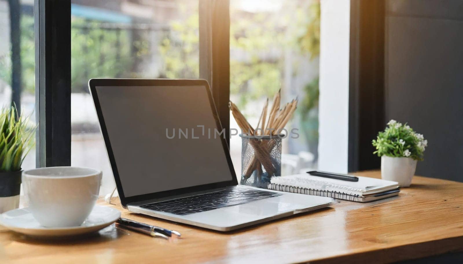 Modern workplace with laptop computer, coffee cup and office supplies