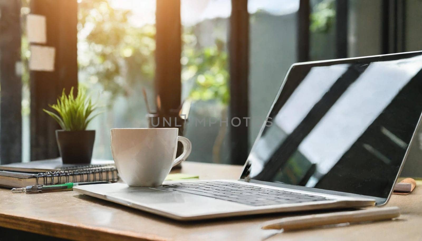 Wood office desk table with a lot of things tablet, laptop ,smartphone ,notepad and coffee cup notepad .copy space virtual interface icons screen.