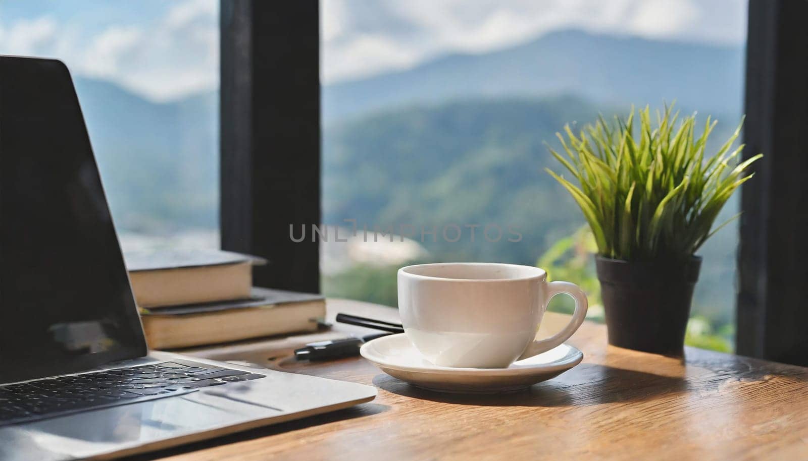 Wood office desk table with a lot of things tablet, laptop ,smartphone ,notepad and coffee cup notepad .copy space virtual interface icons screen.