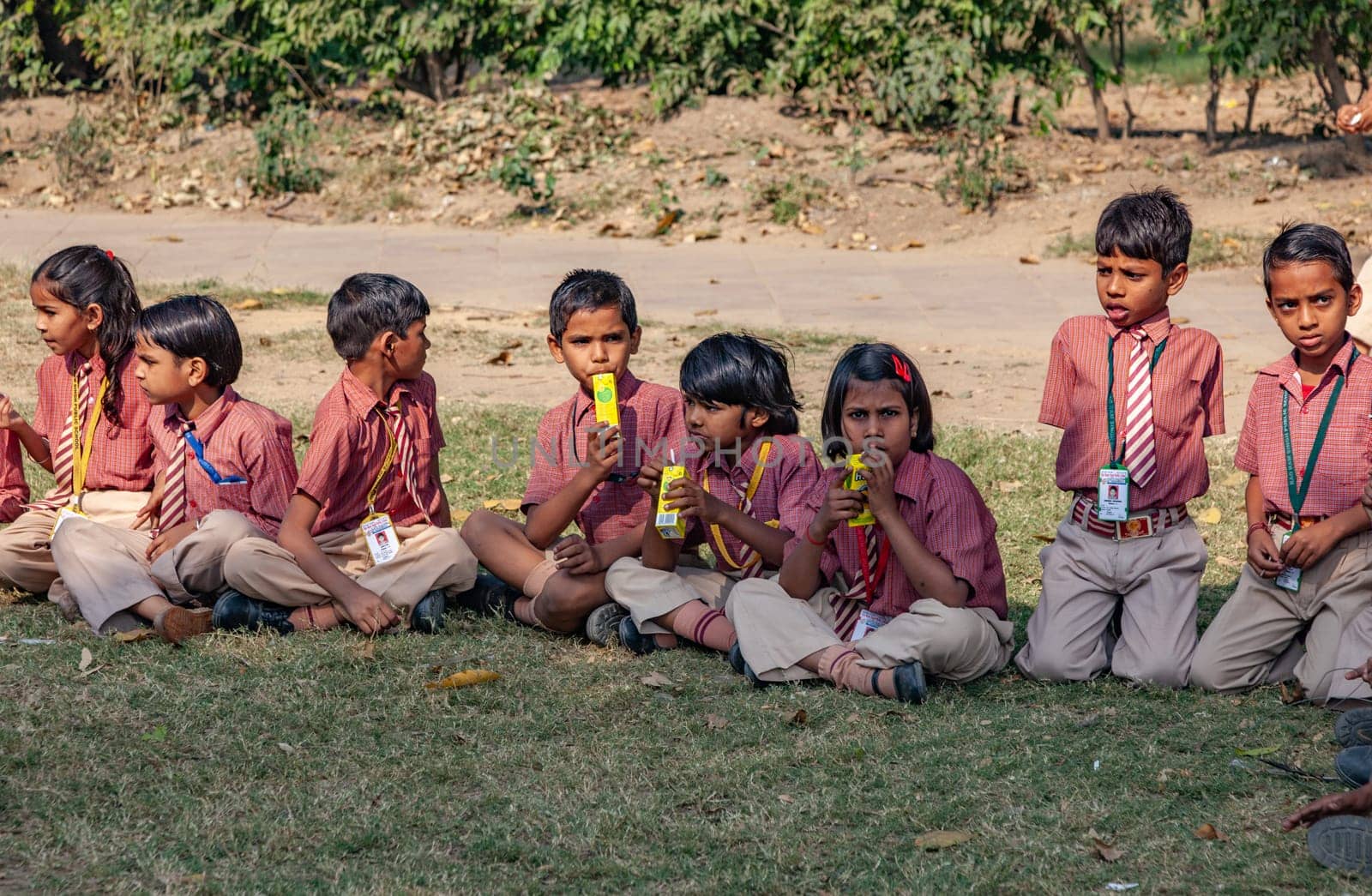New Delhi, India - November 17, 2011: children at india gate in school uniform have an excursion organized by the school to visit india gate.