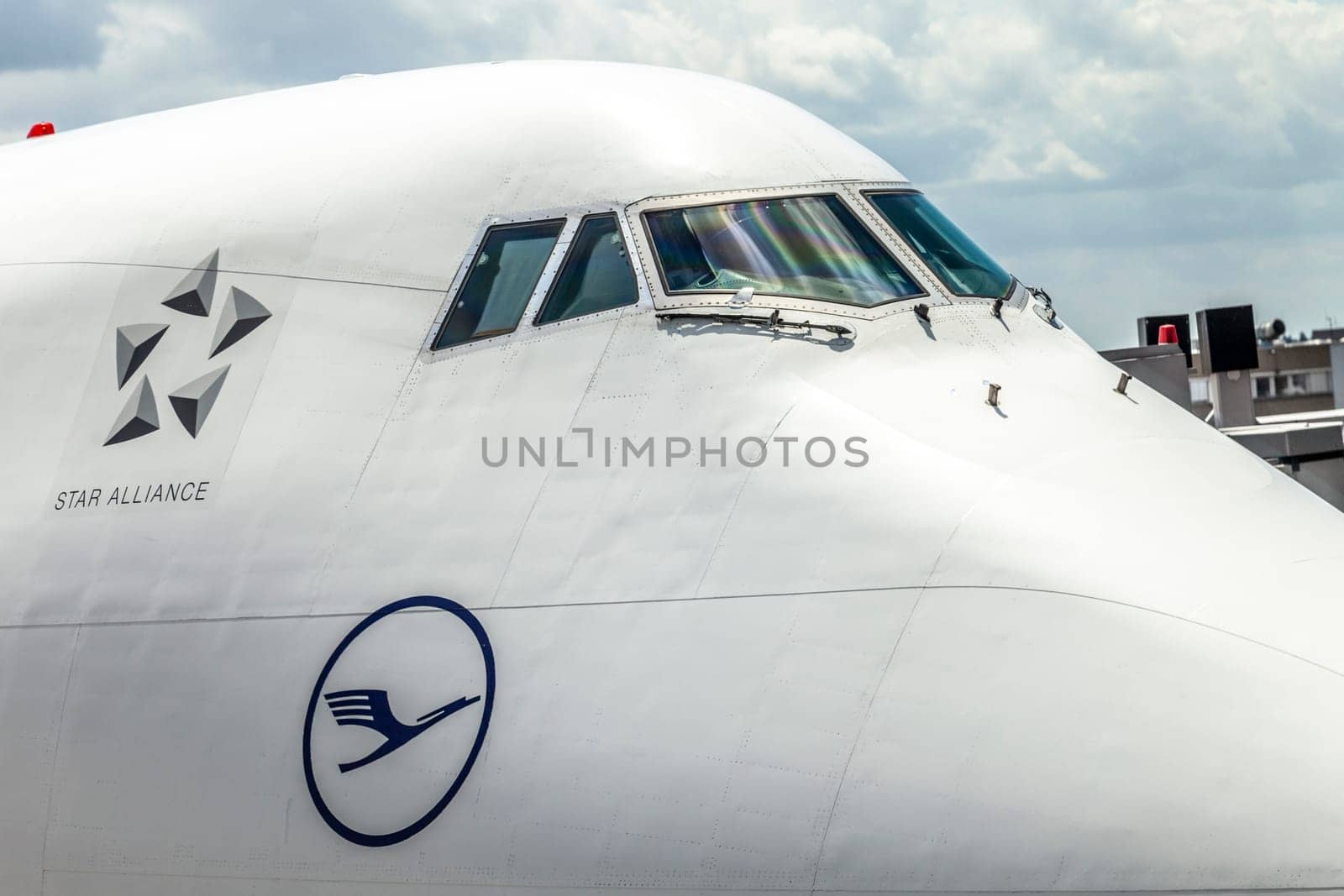 Frankfurt, Germany - June 8, 2012: Lufthansa B747 at gate with cockpit view.