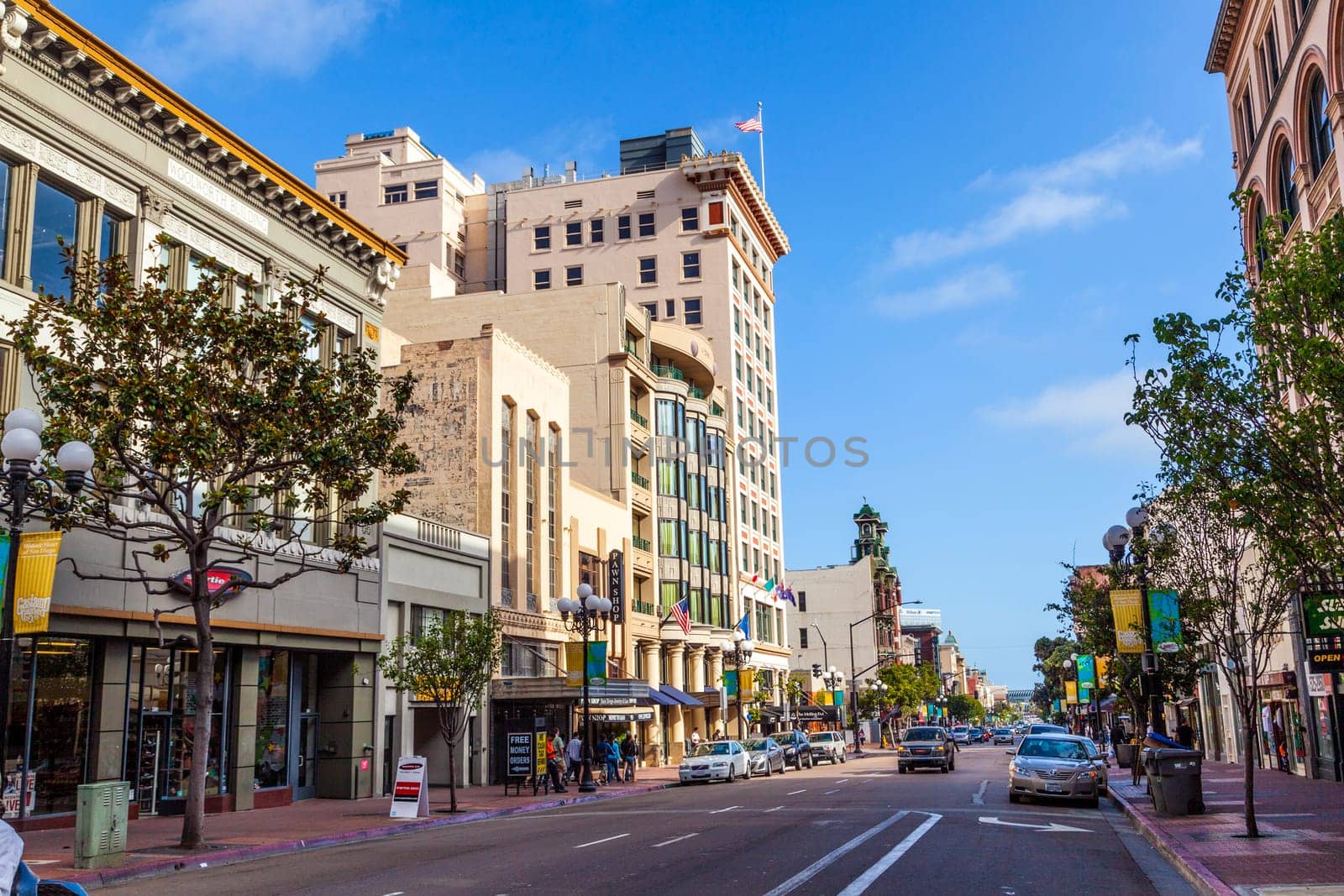 San Diego, USA - June 11, 2011:  facade of historic houses in the gaslamp quarter in San Diego, USA. The area is a historic district on the National Register of Historic Places and dates back to 1867.