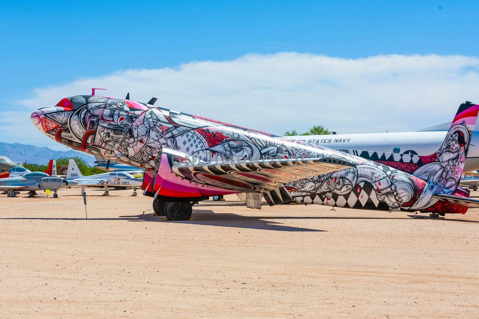 Tucson, USA - June 13, 2012: Douglas C-54Q Skymaster at the Pima Air and space Museum in Tuscon, painted as Time Flies By, artwork created by Eric Firestone and How and Nosm.