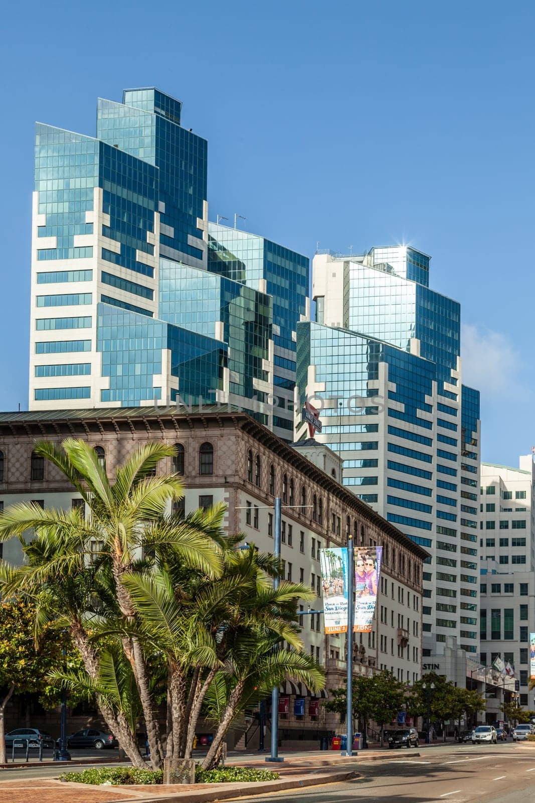 San Diego, USA - June 11, 2012:  facade of modern skyscraper and historic buildings in the gaspamp quarter  downtown in  in San Diego, USA.