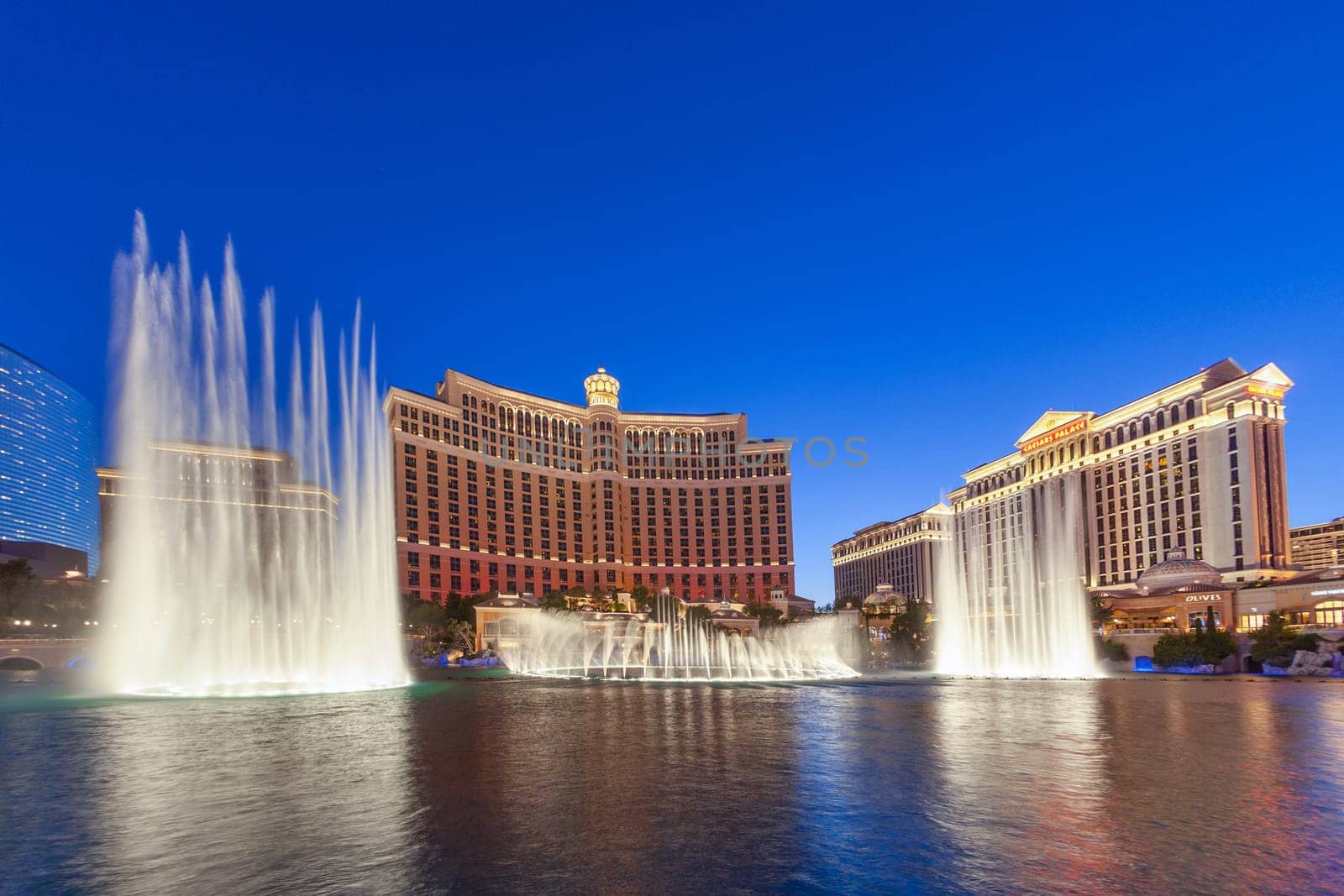 Las Vegas, USA - June 15, 2012: Las Vegas Bellagio Hotel Casino, featured with its world famous fountain show, at night with fountains in Las Vegas, Nevada.