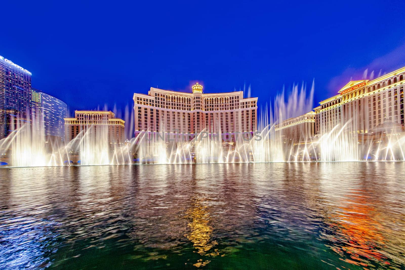 Las Vegas, USA - June 15, 2012: Las Vegas Bellagio Hotel Casino, featured with its world famous fountain show, at night with fountains in Las Vegas, Nevada.