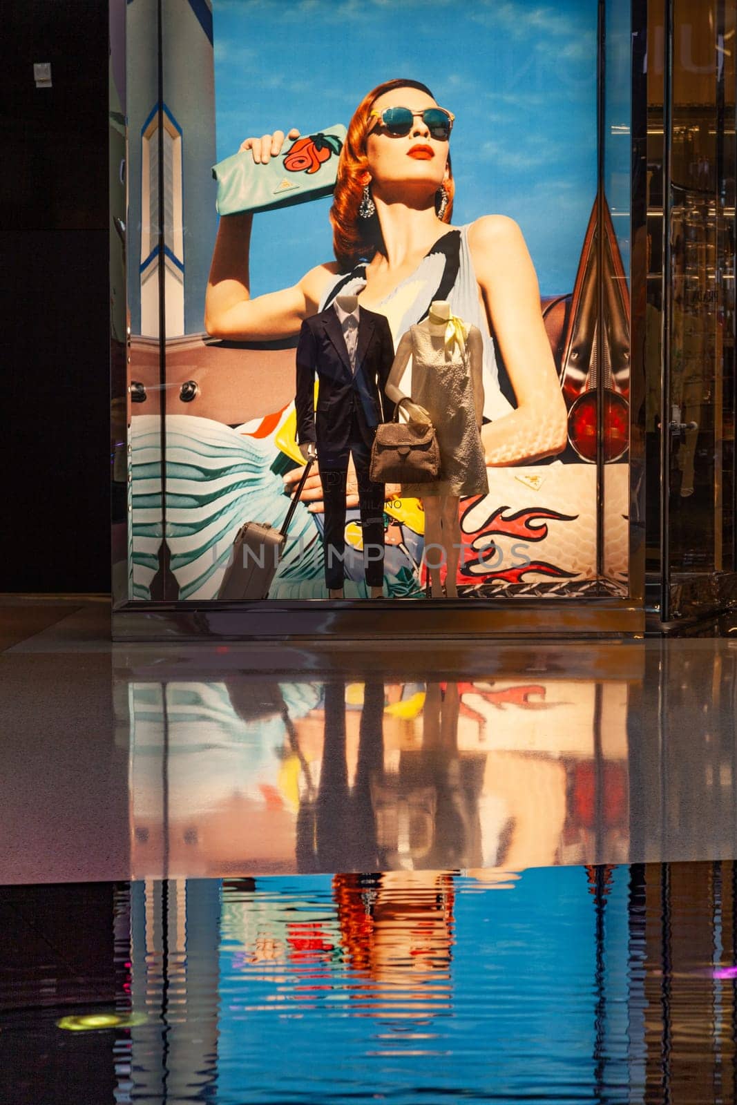 Las Vegas, USA - June 15, 2012: Prada shop in Crystals Mall in Las Vegas at the strip offers expensive clothes mostly for women.