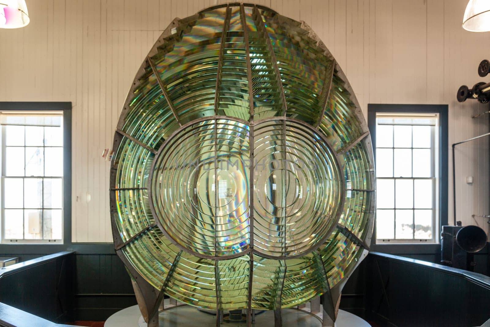 Point Arena, USA - June 19, 2012: fresnel lense at famous Point Arena Lighthouse in California in detail.