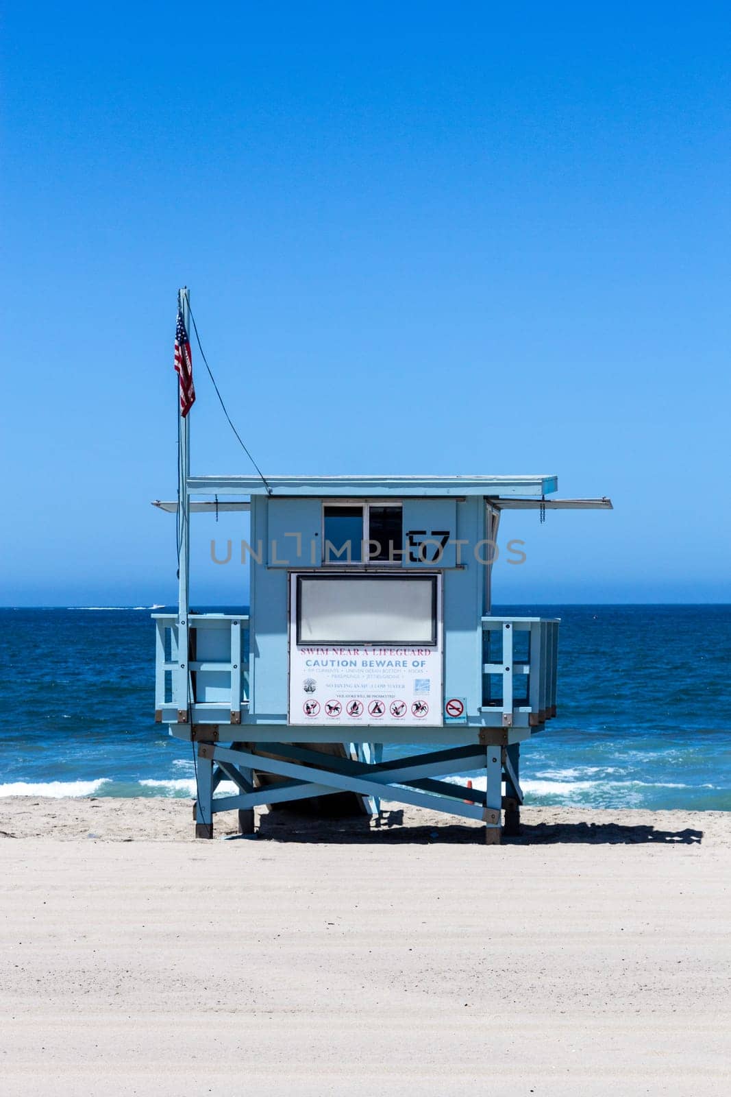 Redondo Beach, USA - June 24, 2012: empty beach hut at empty beautiful beach in Redondo beach.