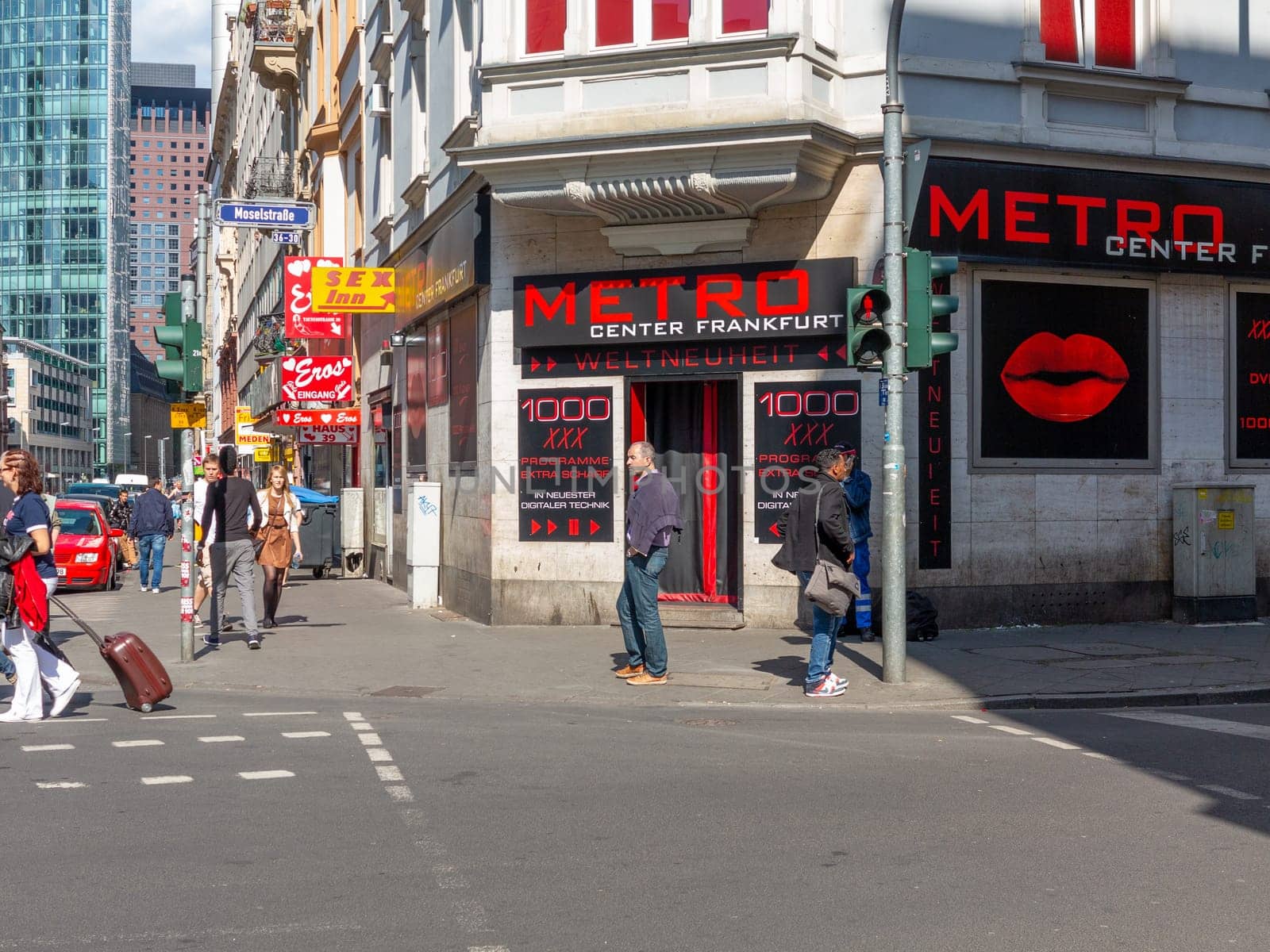 Frankfurt, Germany - May 17, 2014: the sex shops and bars are at the Moselstrasse in train station area in Frankfurt, Germany.