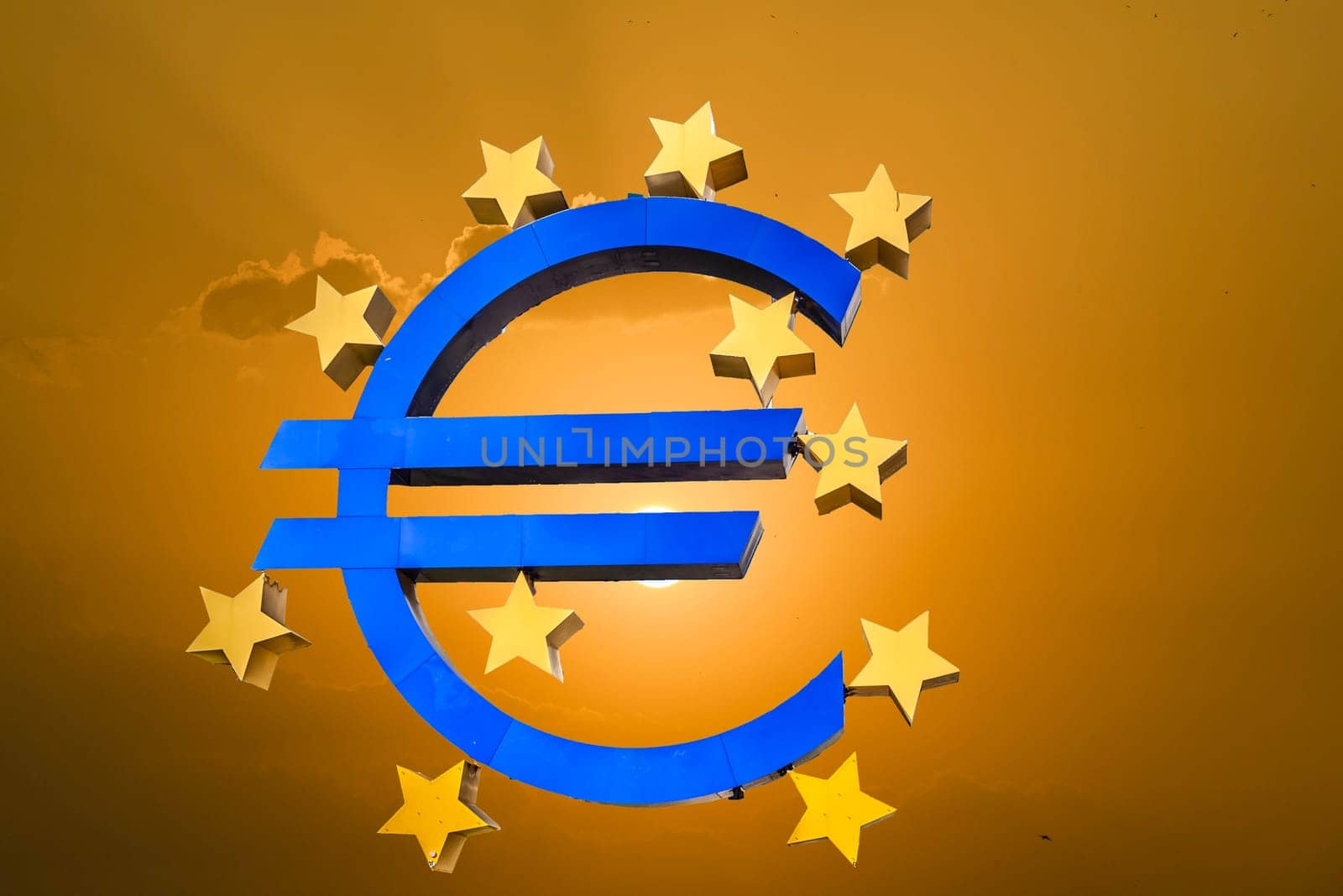 Frankfurt, Germany - May 16, 2022: Famous euro sign in Frankfurt am Main wide-angle shot