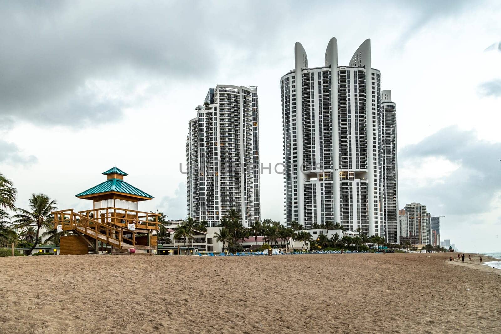 Sunny Isles Beach, USA - August 17, 2014: view to skyscraper at the beach of Sunny Island near Miami, USA.